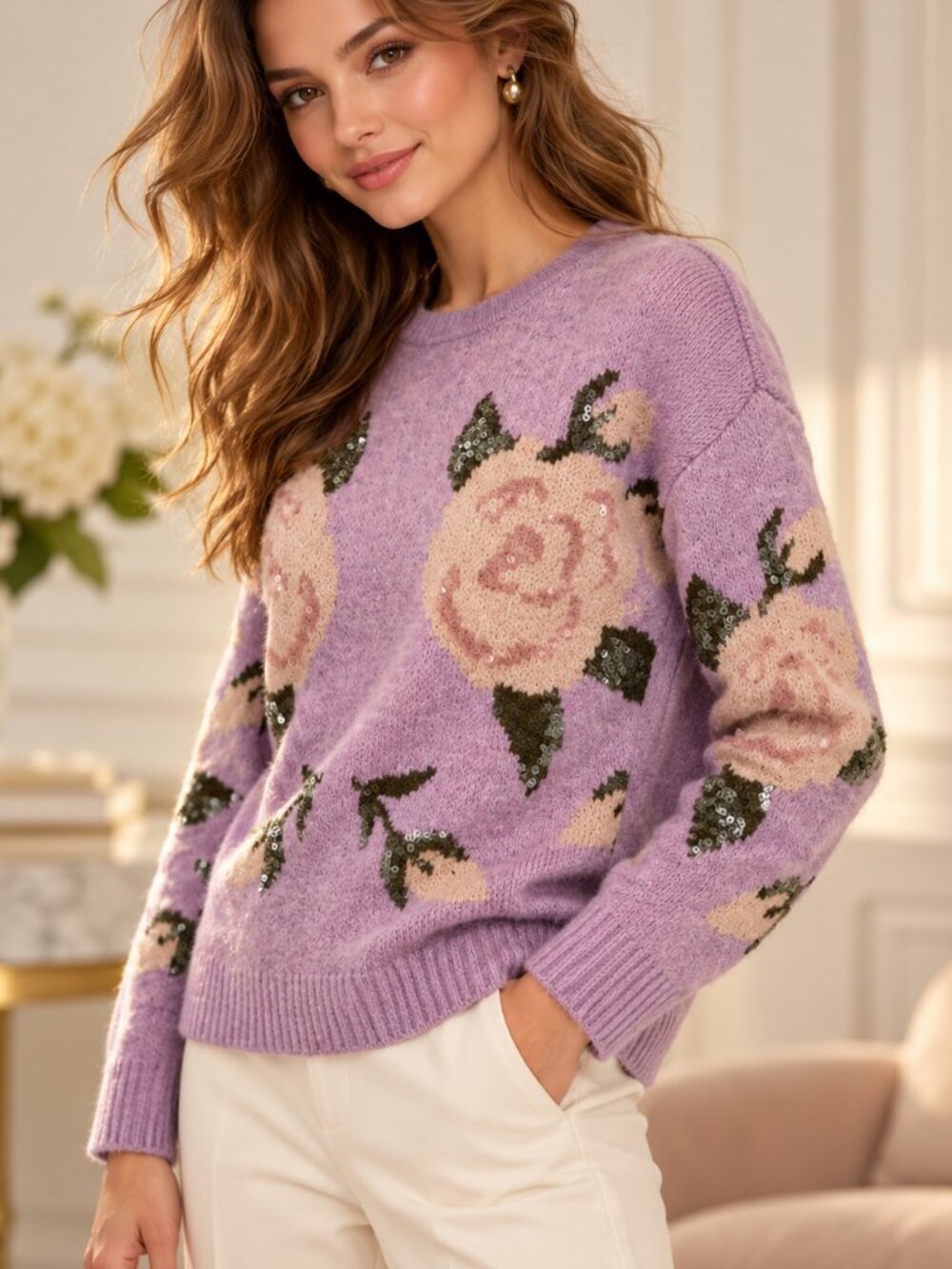 ZESICA Lavender Floral Rose Sequin Crew Neck Sweater Size Small